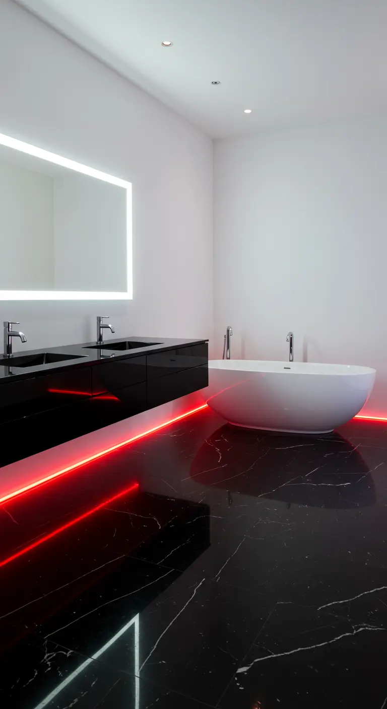 Black marble bathroom with a floating vanity and red LED lights along the floor and under the cabinet.