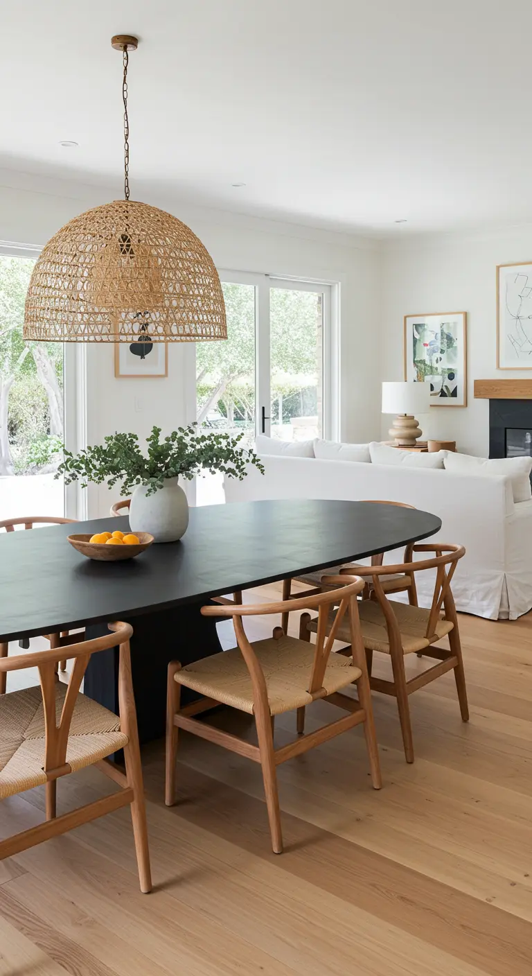 An open-plan living space with an oval black dining table and a large woven pendant light.
