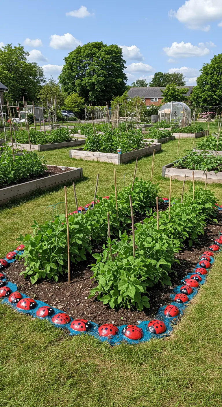 A vegetable plot in a community garden bordered by red ladybug rocks on a blue-painted strip.