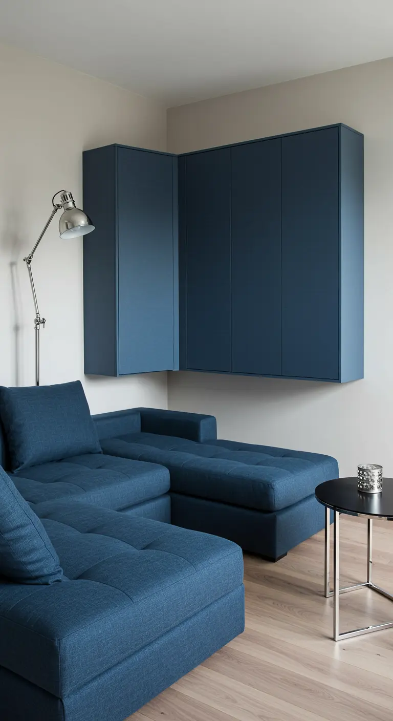 Blue sectional sofa with matching blue wall-mounted corner cabinets above it.