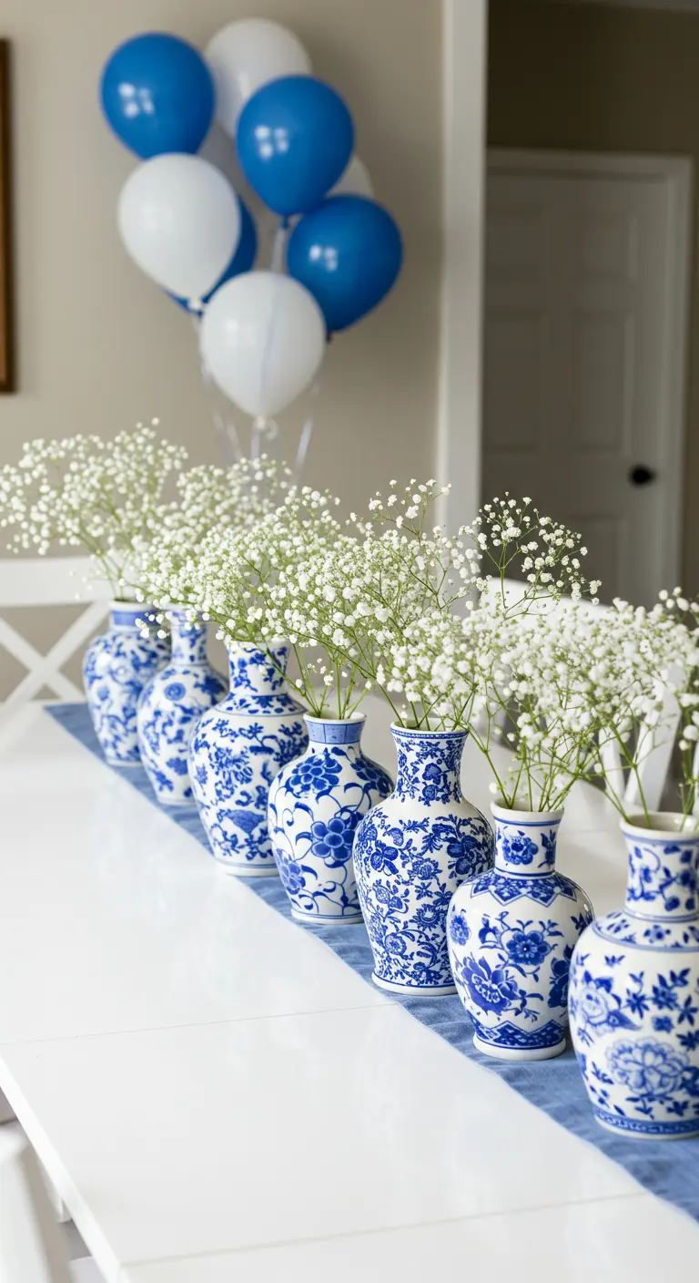 A line of blue and white ginger jars filled with baby's breath on a white table.