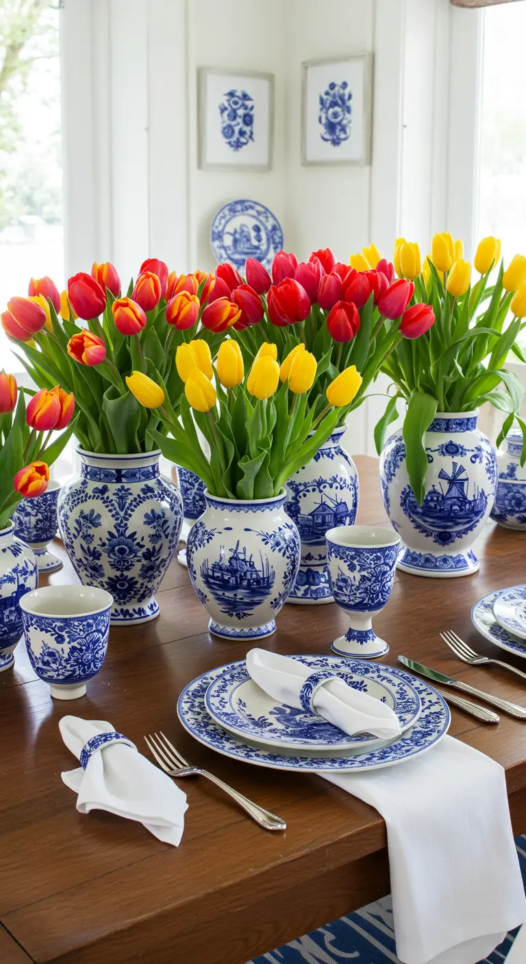 Table with blue and white ginger jars filled with red and yellow tulips.
