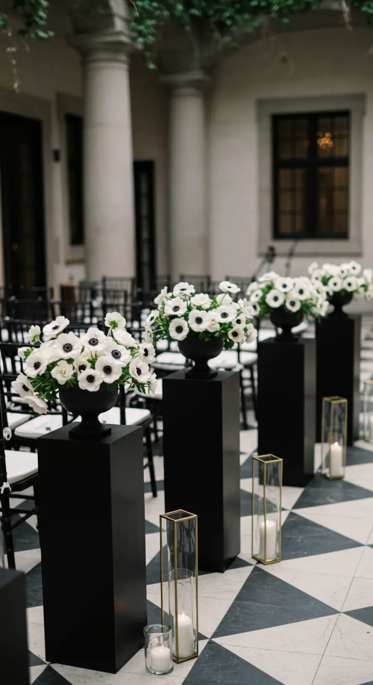 White anemones on black pedestals on a black and white checkerboard floor.