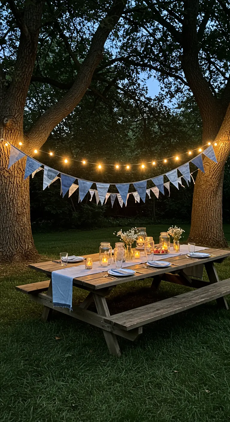 Denim bunting and string lights over a picnic table at dusk.