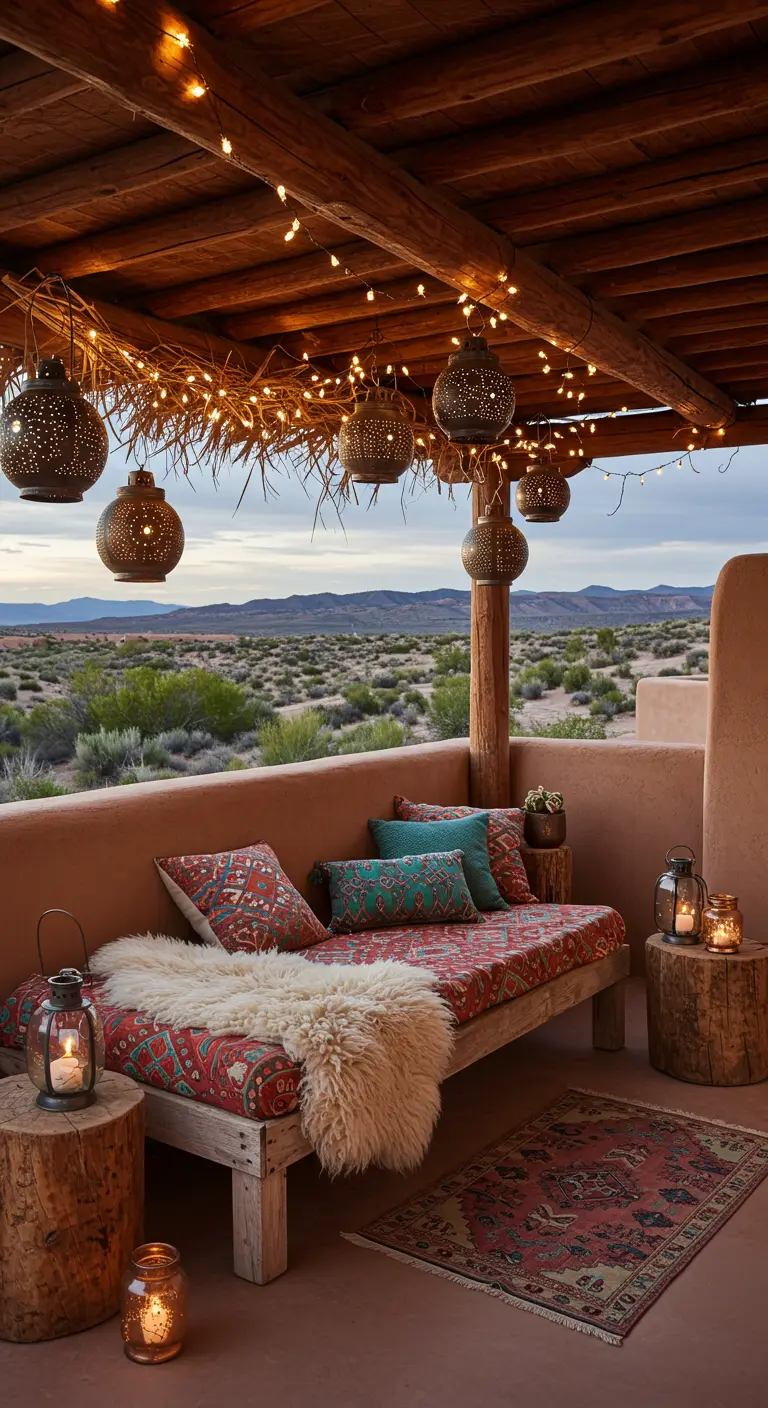 A rustic daybed on a desert patio with patterned pillows and hanging lanterns.