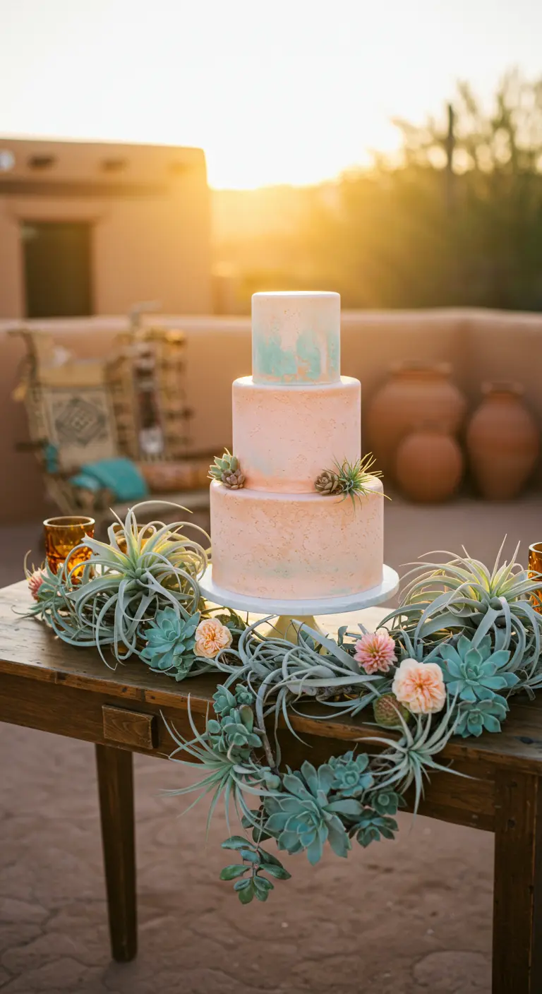 Peach and teal cake on a wooden table with a garland of succulents and air plants.