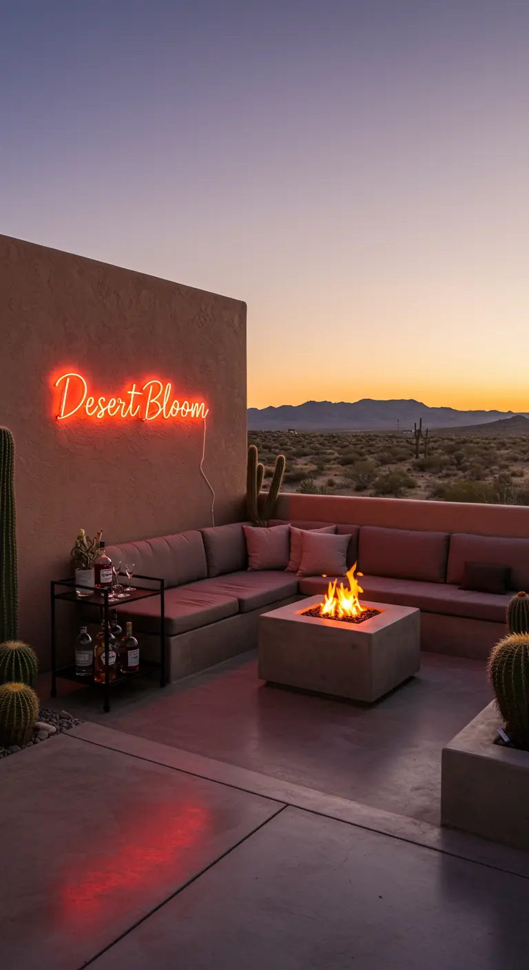Modern desert patio with a 'Desert Bloom' neon sign, fire pit, and sectional sofa.