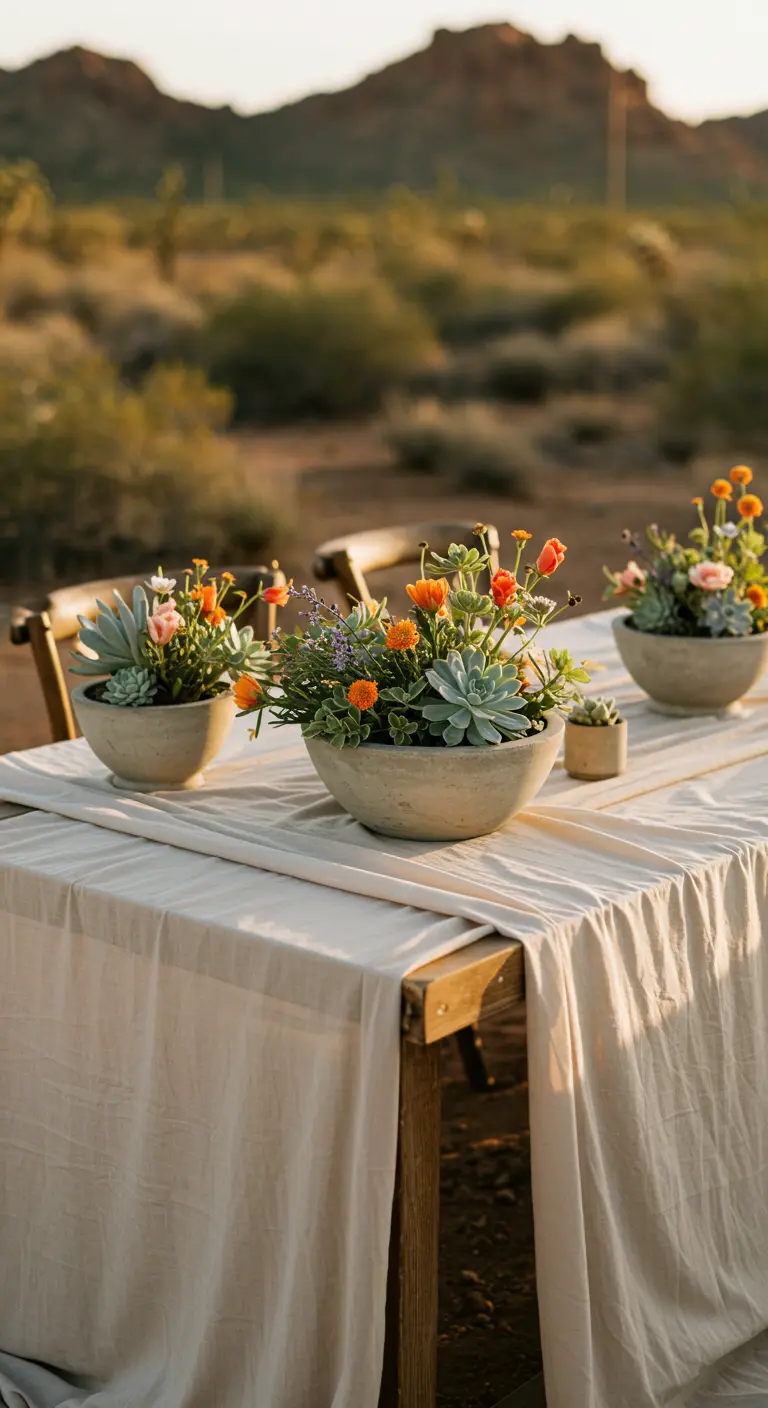 Concrete bowls with succulents and orange wildflowers on a table in a desert landscape.