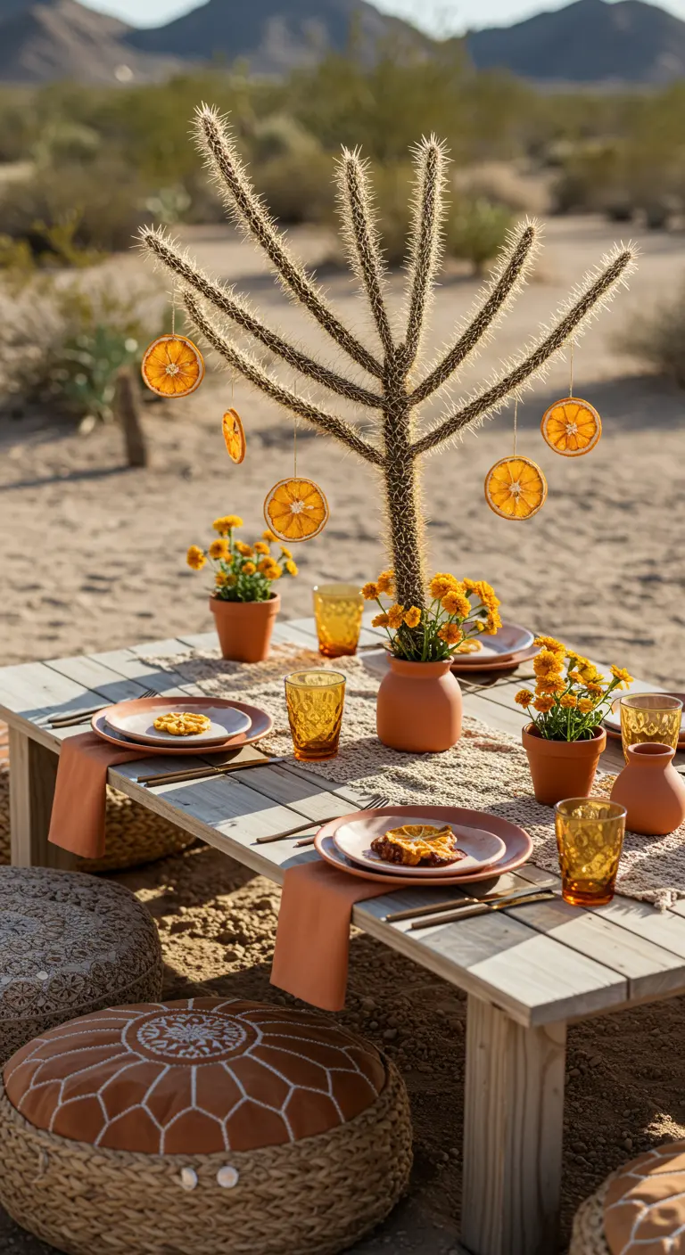 A desert picnic table with a cactus centerpiece decorated with hanging dried orange slices.