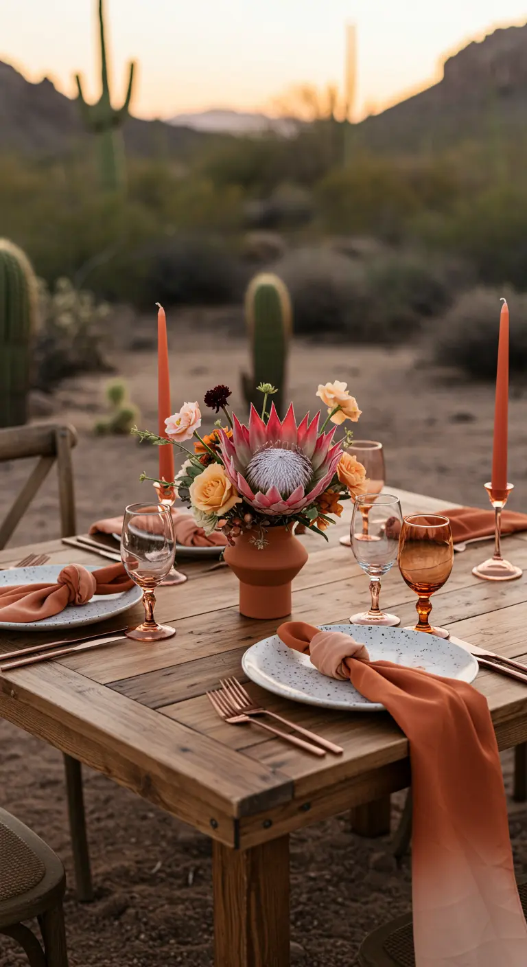 Desert table setting with a king protea centerpiece and copper cutlery.
