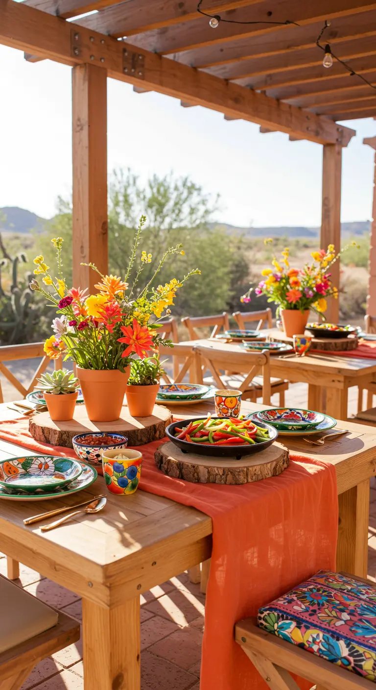 A vibrant desert-themed table with an orange runner, terracotta pots, and colorful dishware.