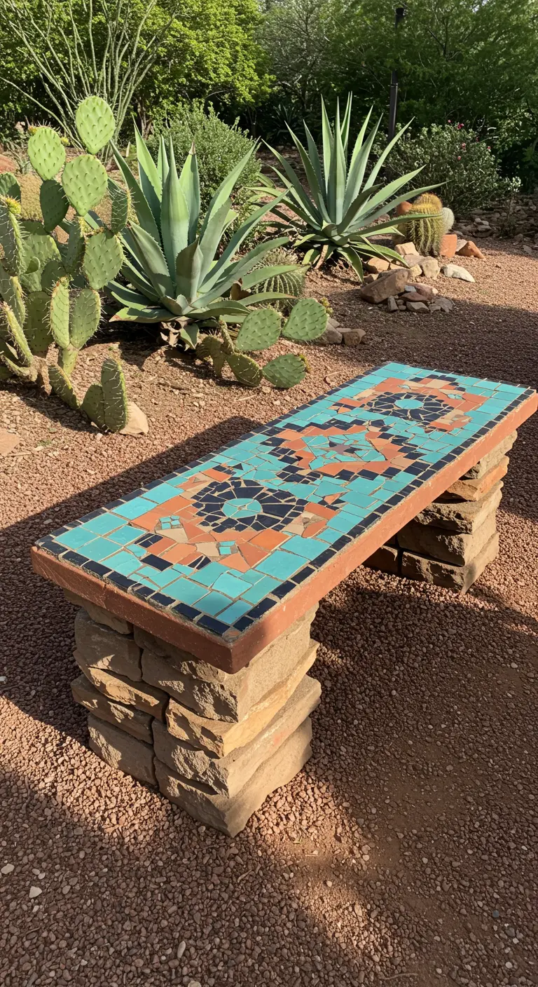 A rustic bench with a stacked stone base and a turquoise, black, and terracotta geometric mosaic top.