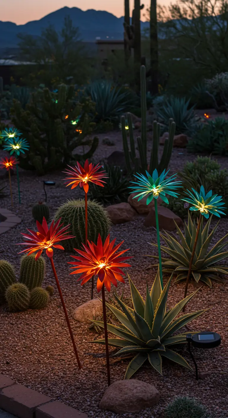 Colorful, spiky solar flower lights placed among cacti and succulents in a desert garden.