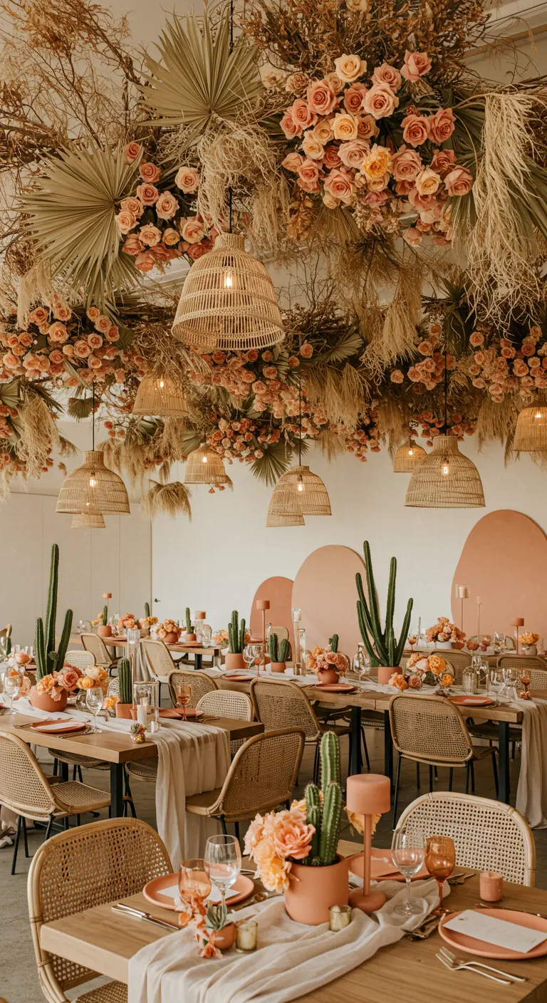 A desert-themed ceiling with dried palms, pampas grass, and peach roses over boho tables.