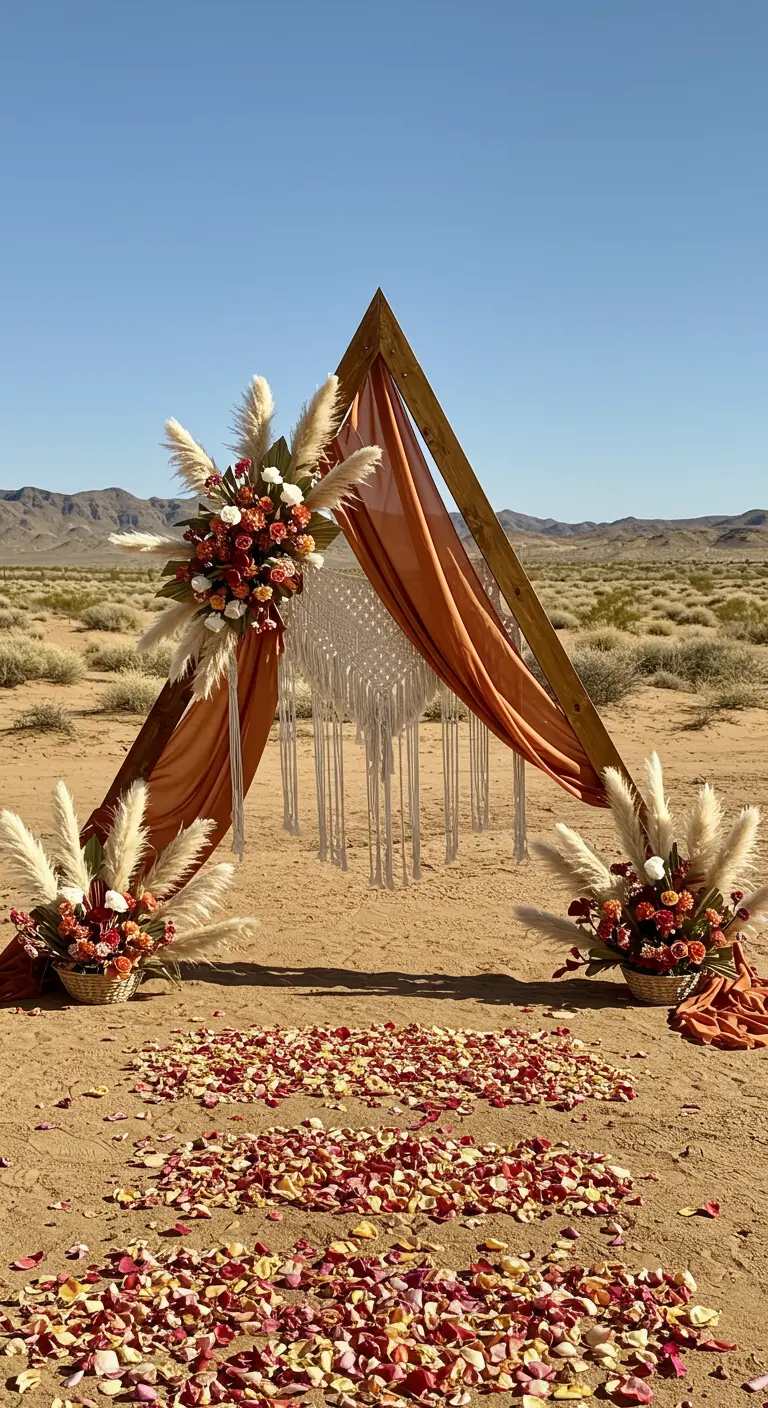 A-frame wedding arch in the desert with terracotta drapes, macrame, and pampas grass.