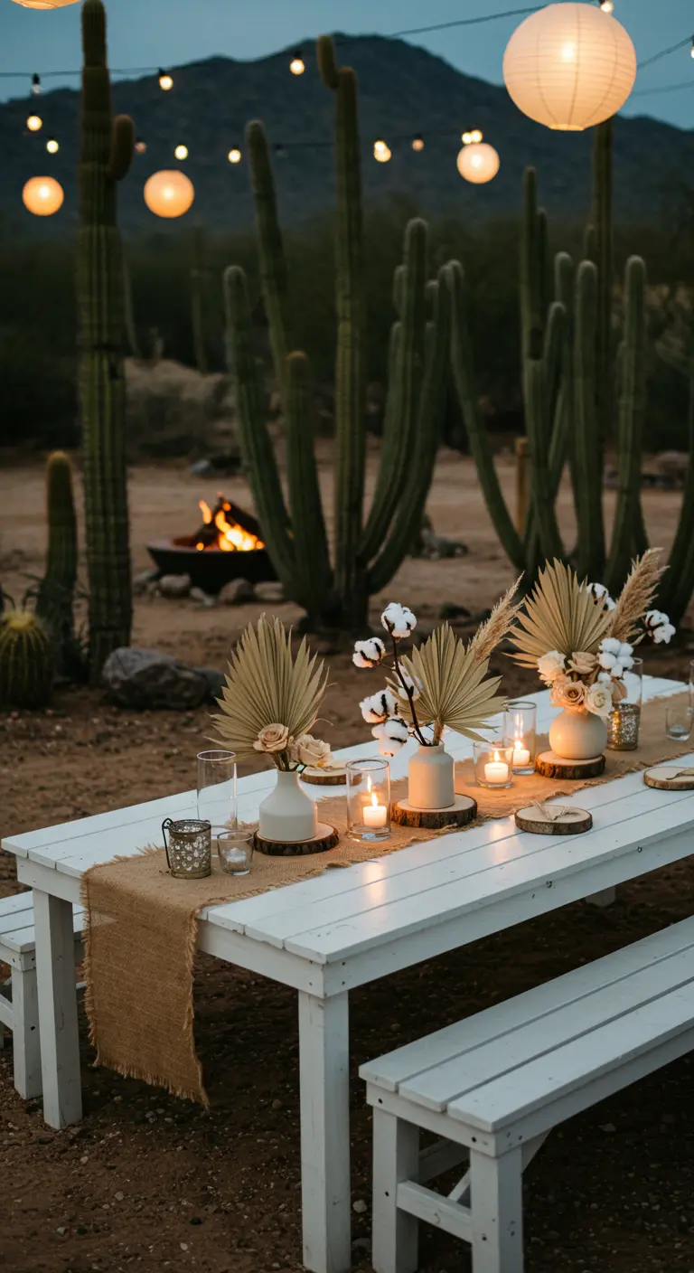 Boho desert tablescape with dried palms, cotton stems, and a burlap runner.