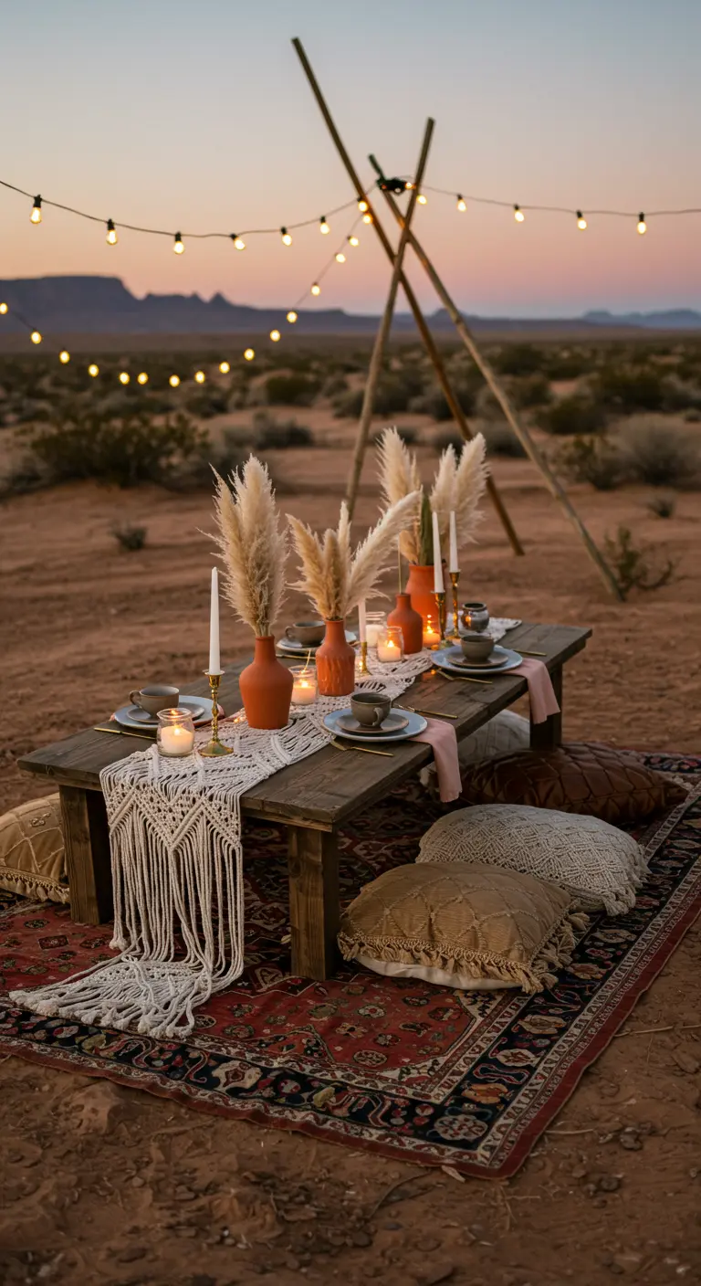 A boho-chic tea party in the desert at twilight with a macrame runner and pampas grass.