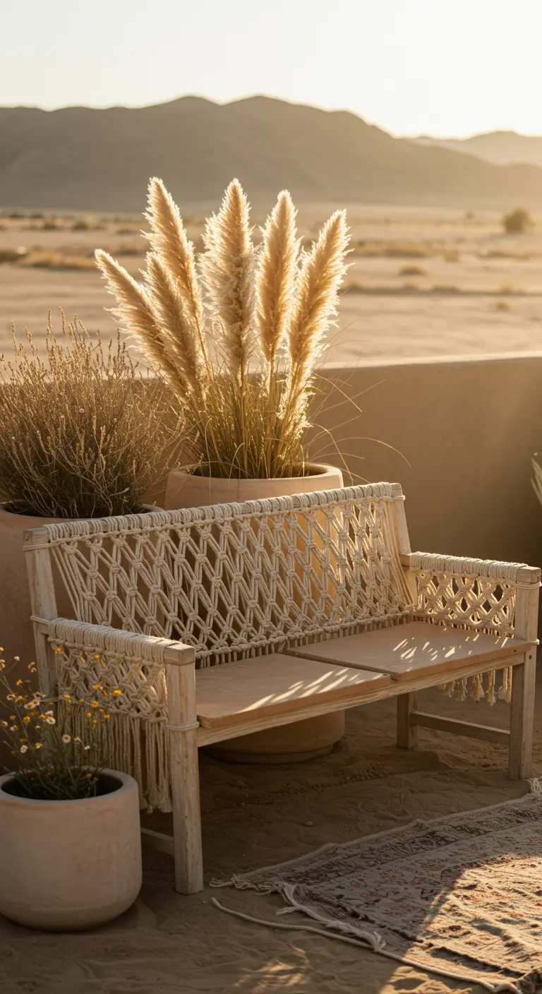 A light wood bench with an intricate macrame woven back in a desert landscape at golden hour.