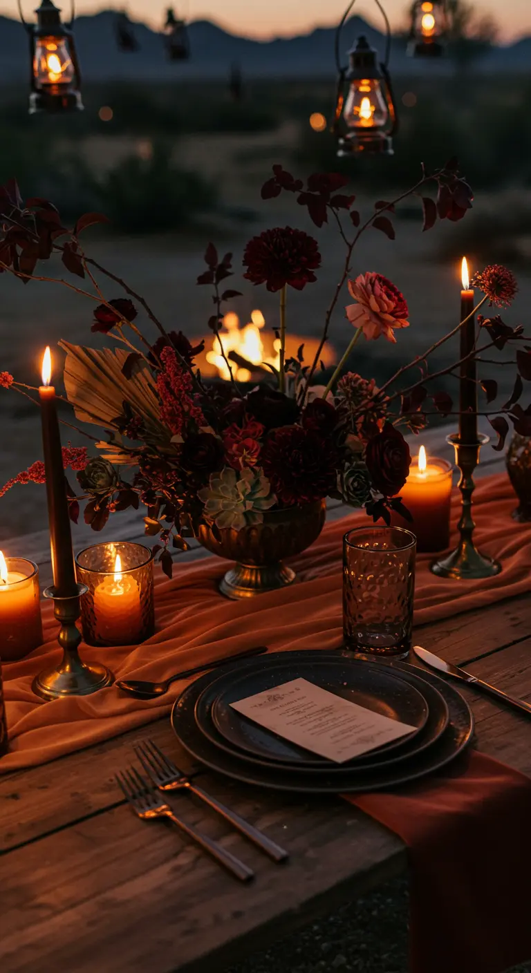 A rustic table setting outdoors at dusk with a campfire glowing in the background.
