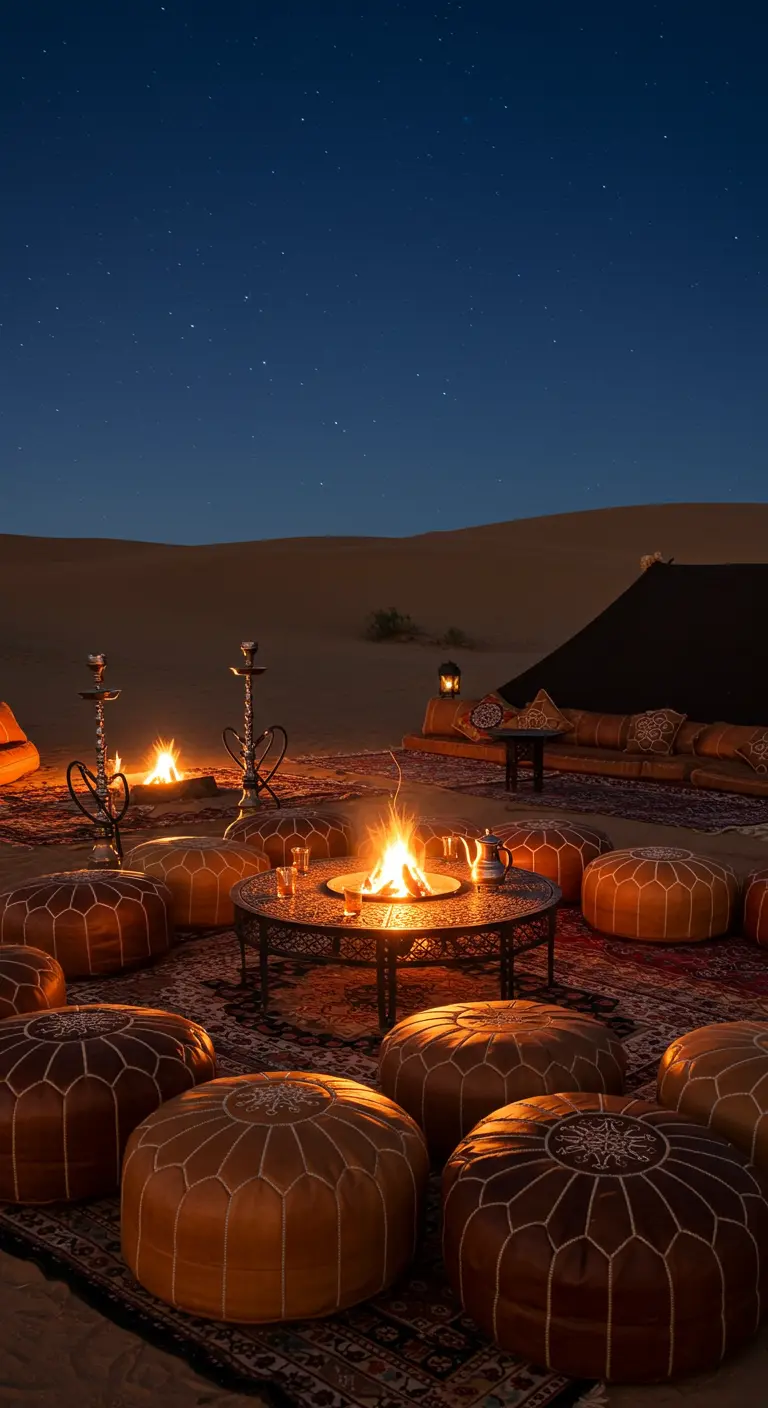 Tan leather poufs circle a campfire and a low table in the desert at night.