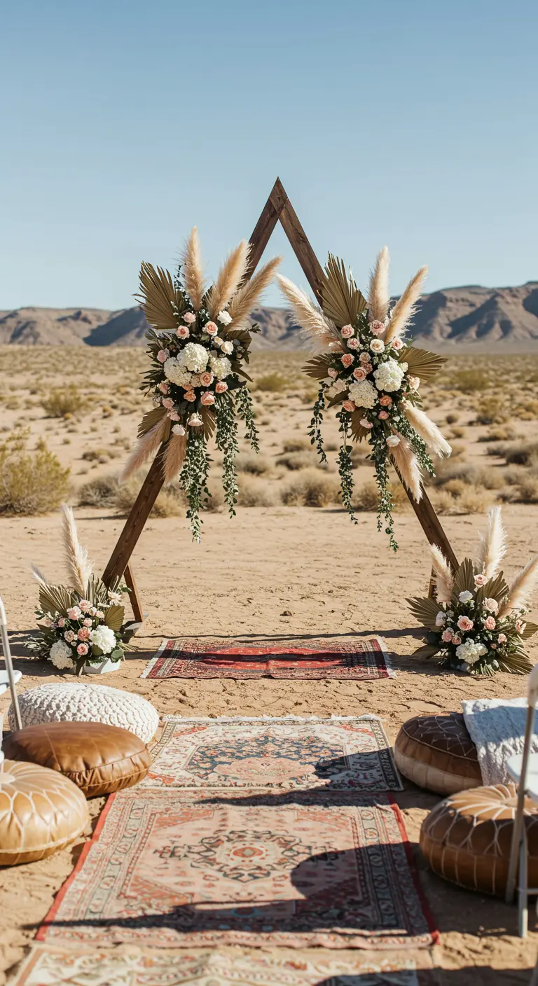 A triangular wooden wedding arch in the desert with pampas grass and white flowers.
