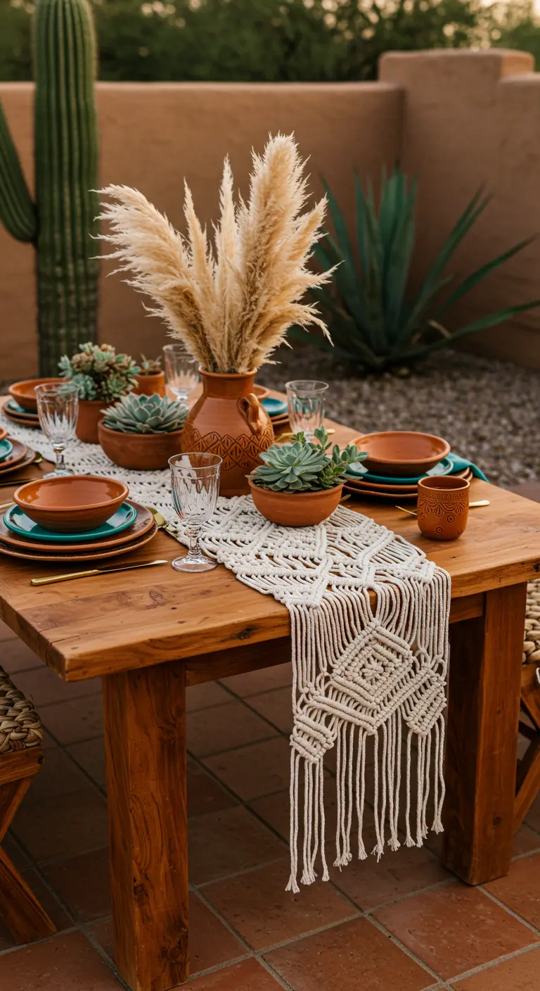 Desert-themed table with terracotta pots, succulents, pampas grass, and a macramé runner.