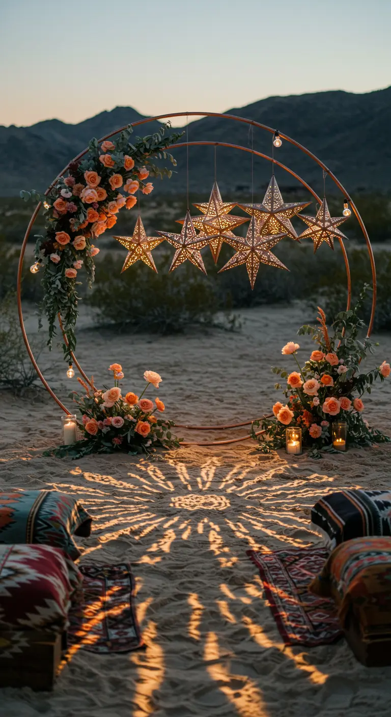 A circular copper arch in the desert with hanging star-shaped lanterns and peach roses.