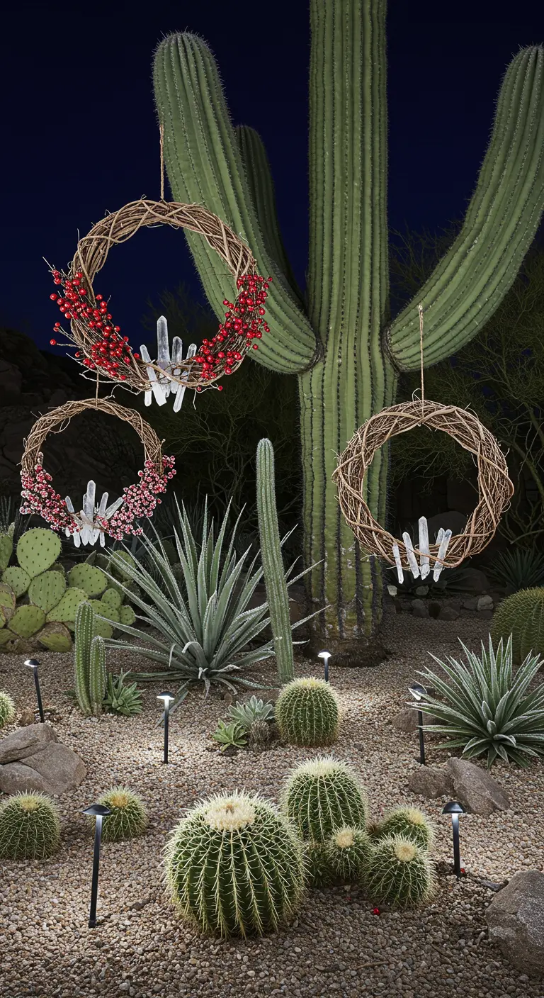 A desert garden at night with cacti and succulents, decorated with hanging grapevine wreaths and crystals.
