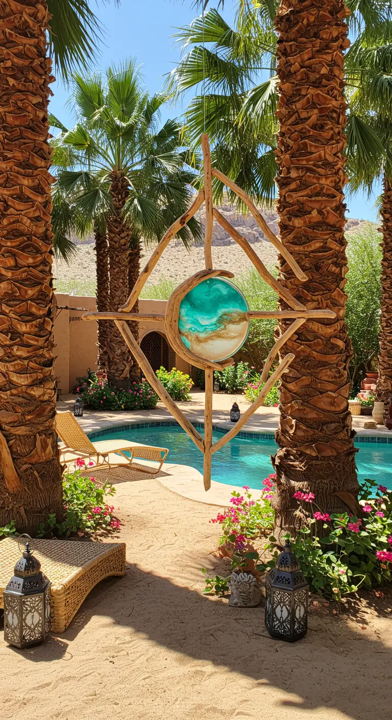 A geometric driftwood and turquoise resin spinner hanging between two palm trees by a pool.