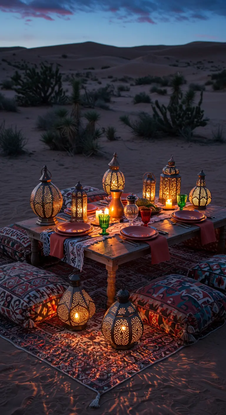 A low table in the desert surrounded by Moroccan lanterns and patterned rugs and pillows.