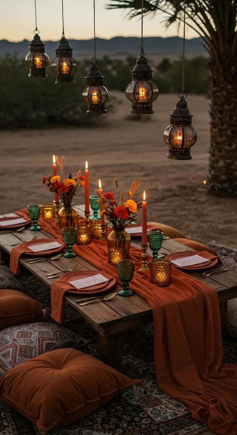 Low boho-style table in the desert with a terracotta runner, floor cushions, and lanterns.