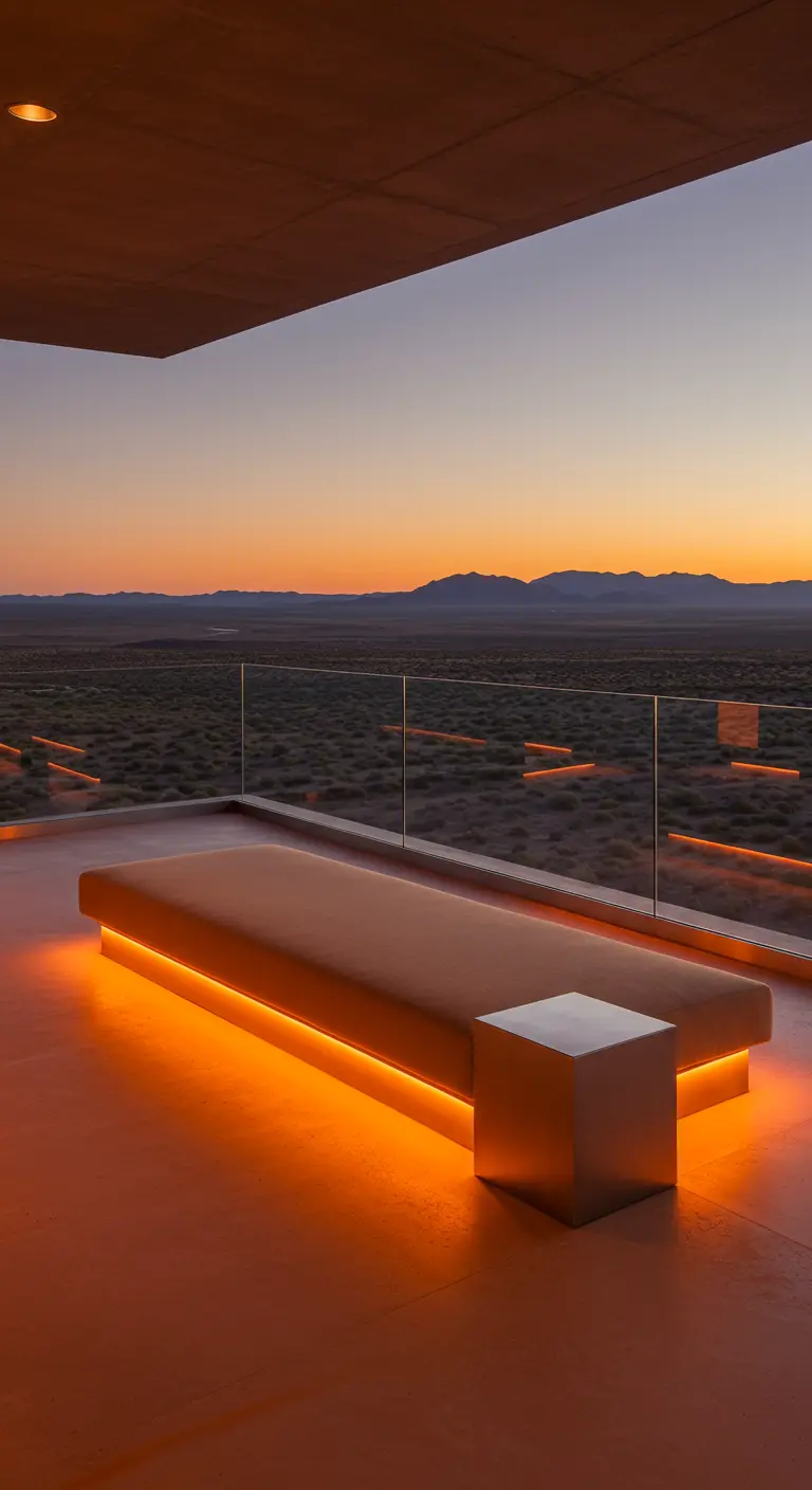 Balcony daybed lit with amber LEDs, overlooking a desert landscape at sunset.