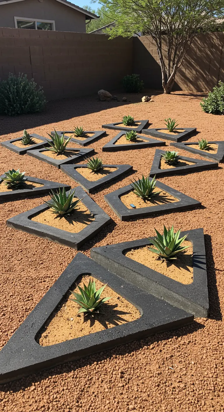 A grid of black triangular concrete frames, each holding a single agave plant in sand.