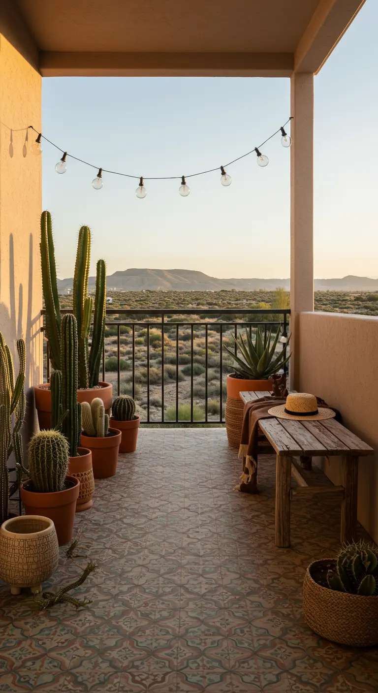 A desert-style balcony with patterned tiles, numerous cacti, and a rustic wooden bench.
