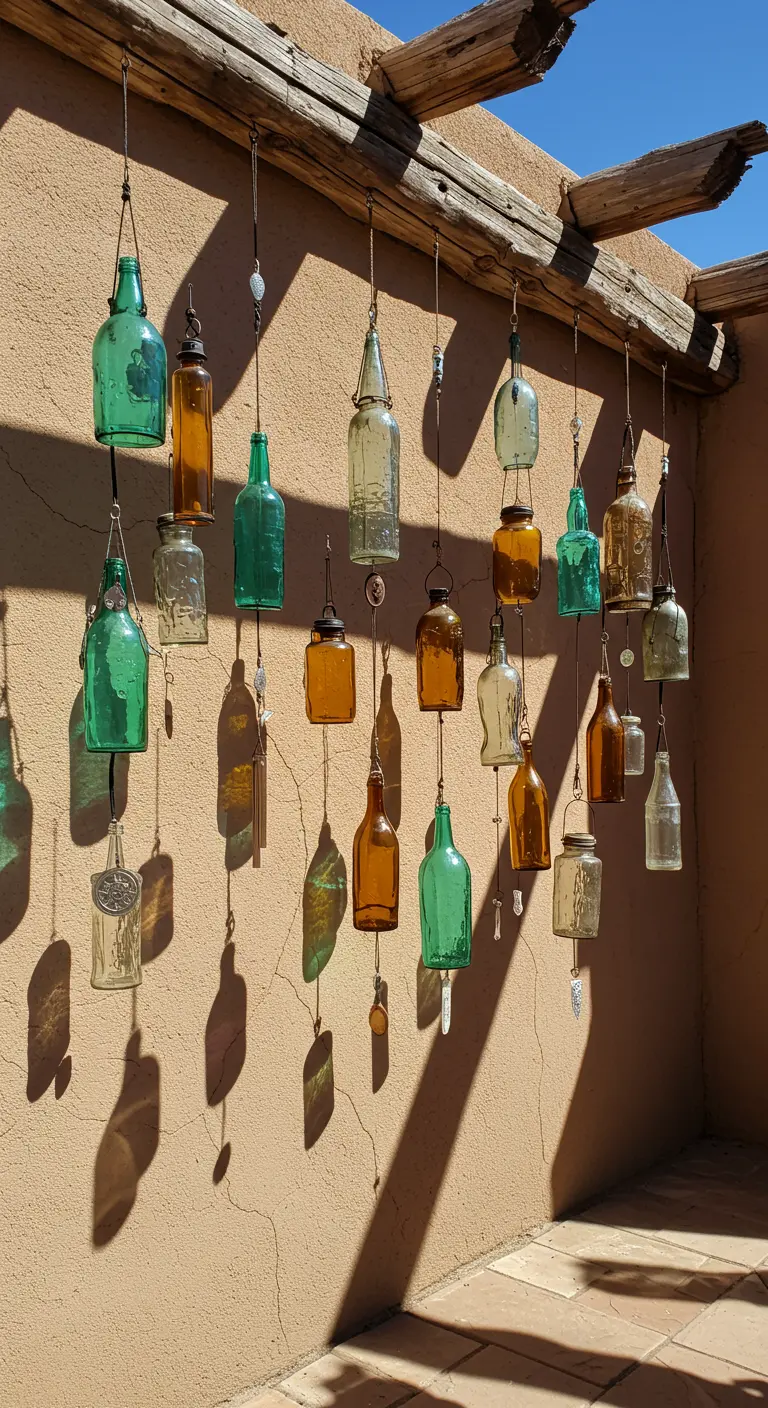 Amber and green bottle wind chimes casting shadows on a sunlit terracotta wall.