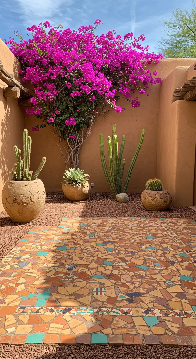 Southwestern patio with a terracotta mosaic floor, bougainvillea, and various cacti in pots.