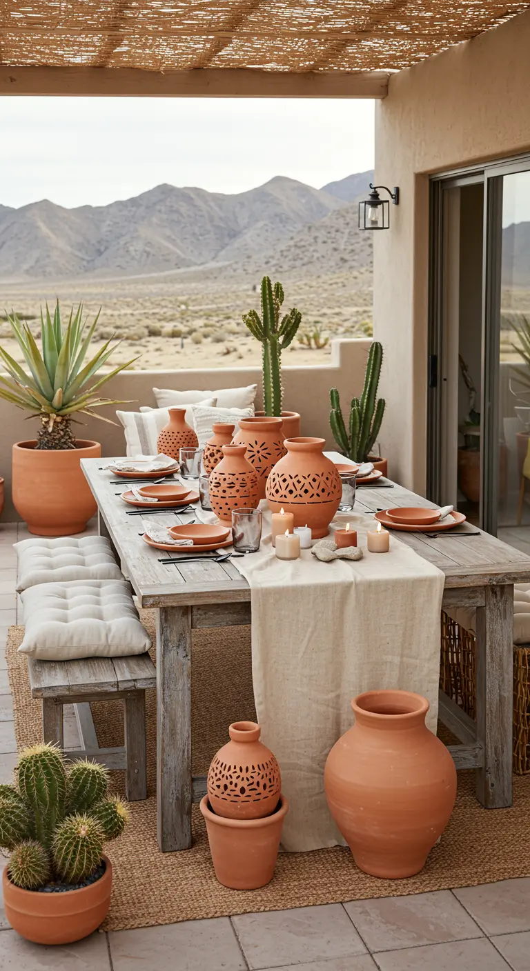 Rustic table on a desert patio with terracotta pottery and cacti.