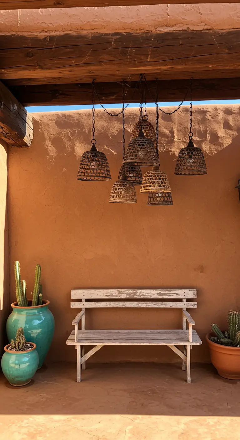 Whitewashed bench against a terracotta wall with cacti in turquoise pots and wicker pendants.