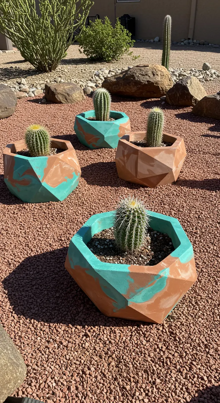 Geometric planters with a teal marbled and exposed terracotta finish, holding small cacti.