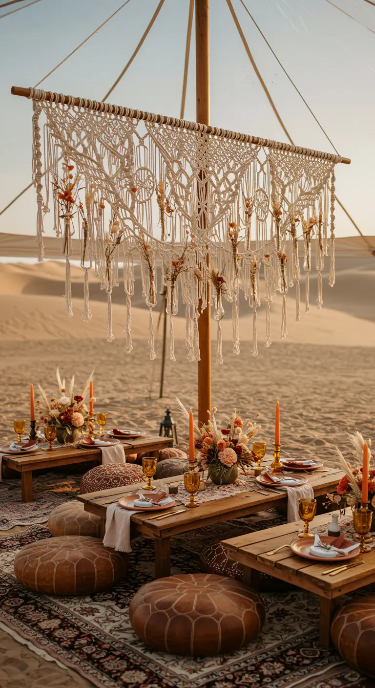 A large macrame hanging with dried flowers in vases over a low boho-style table.