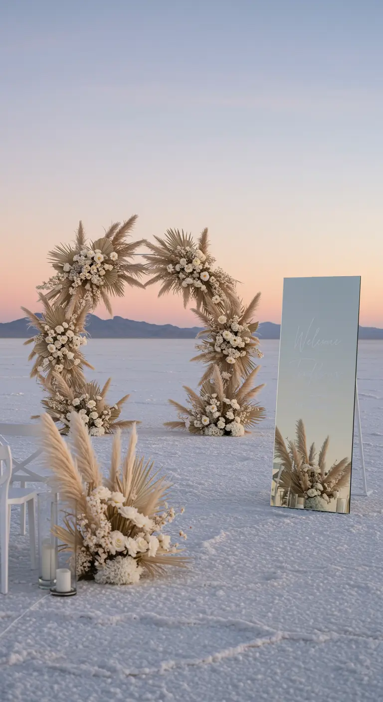 A circular arch of pampas grass and white flowers on white salt flats with a mirror sign.