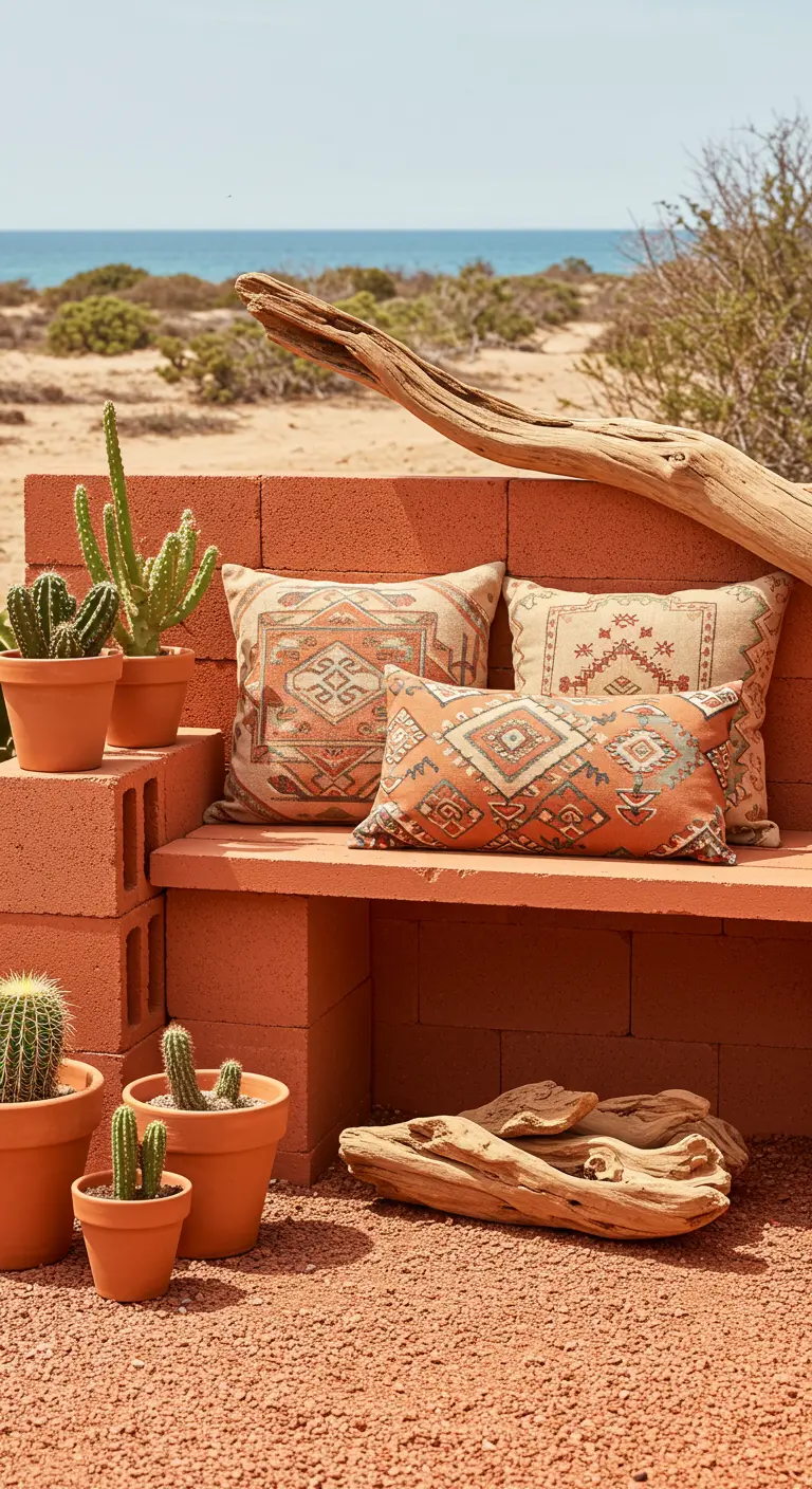 A terracotta-painted cinder block bench decorated with cacti and desert-patterned pillows.