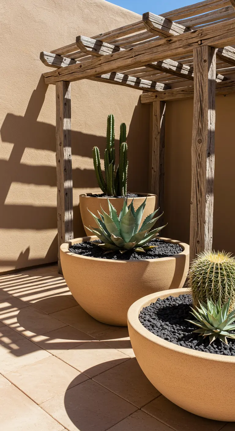 A desert-style patio with a rustic wood pergola and terracotta bowls with cacti and agave.