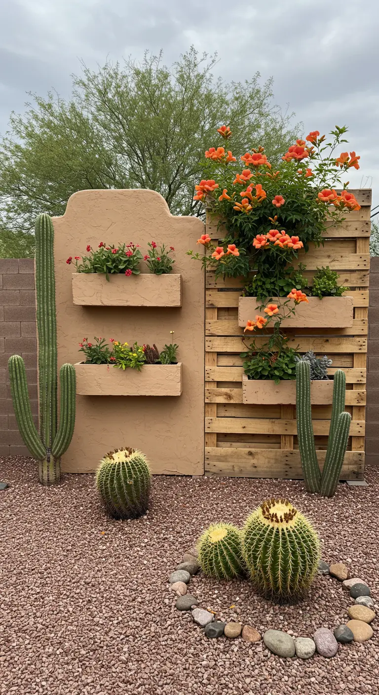 A pallet screen paired with a terracotta-colored wall, both featuring planters and surrounded by cacti.