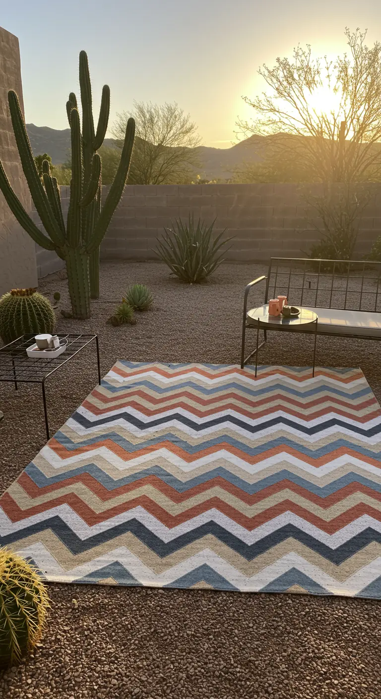 A desert-toned chevron rug on a gravel patio with modern furniture and cacti.