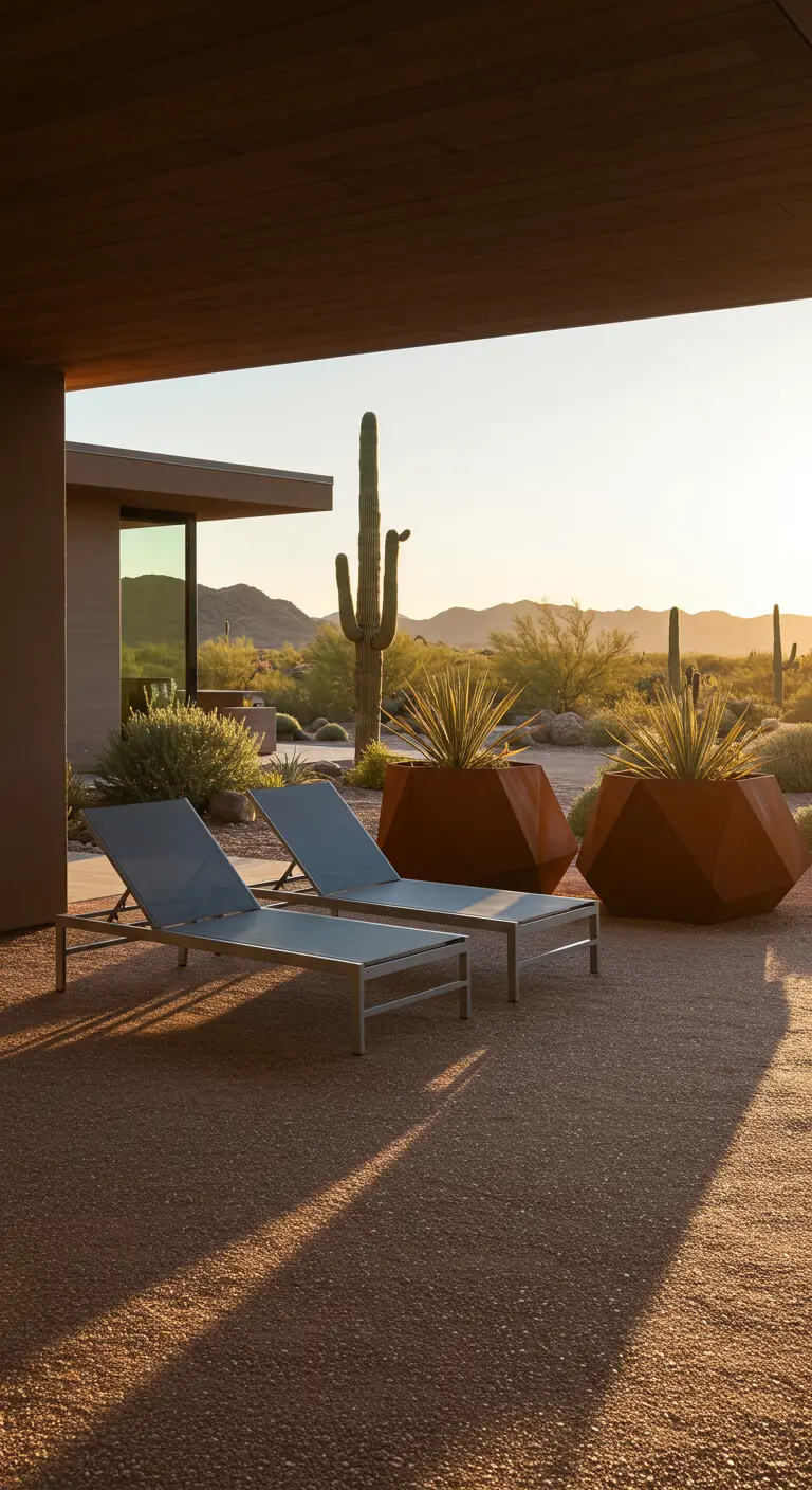 Chaise lounges on a gravel patio in the desert with rust-colored geometric planters.