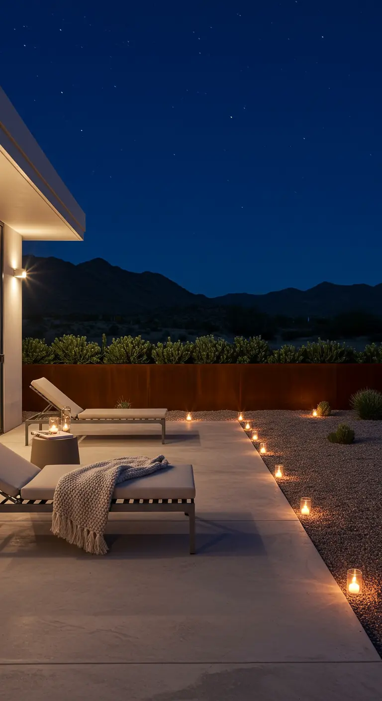 A modern desert patio with two chaise lounges and a line of candles along a gravel border.