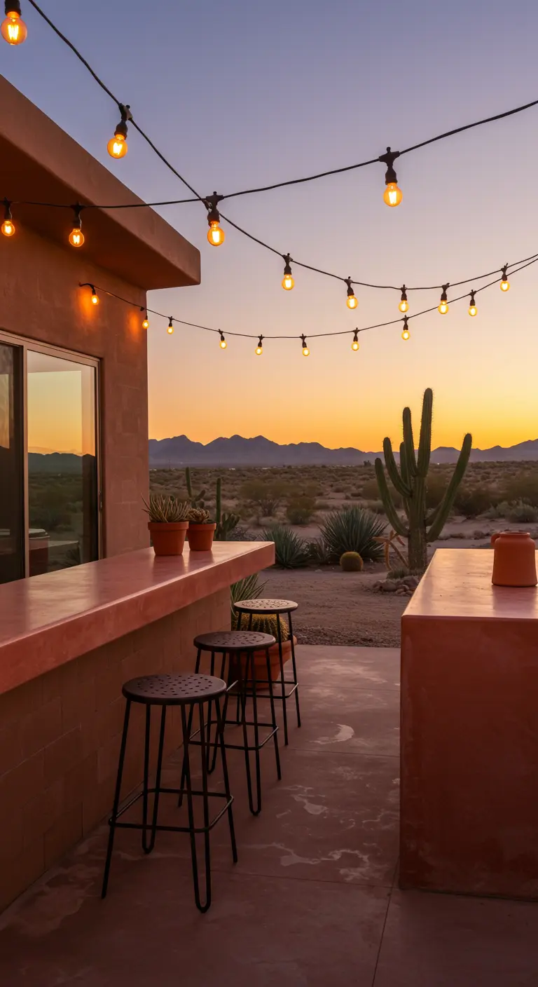 A terracotta-colored outdoor bar in a desert setting with cacti at sunset.