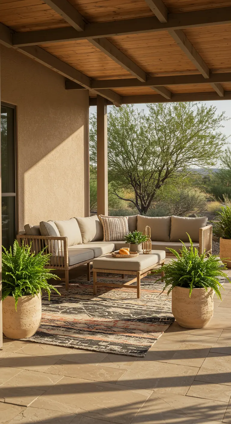 A modern rattan sectional on a patterned rug with large terracotta planters.
