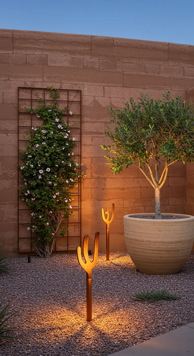 A desert garden with an olive tree, a trellis with pink flowers, and cactus-shaped garden lights.